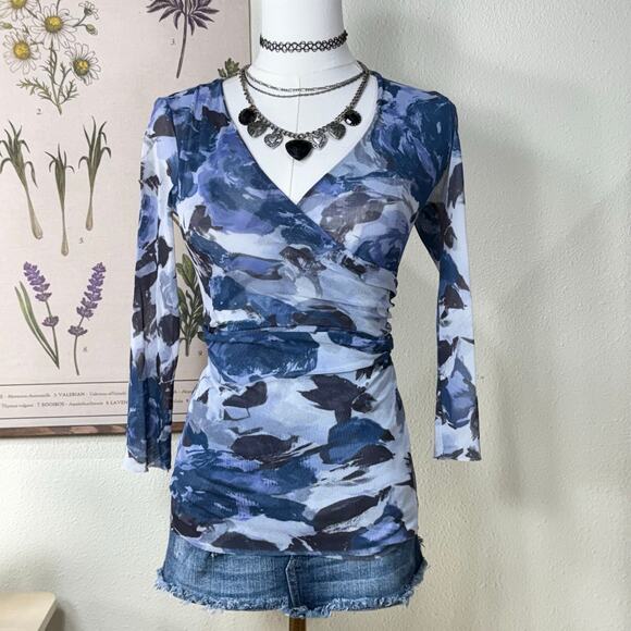 Y2k Cache Blue Floral Mesh Ruched Faux Wrap Stretch Top Romantic Fairy Bimbo S M - Picture 1 of 7